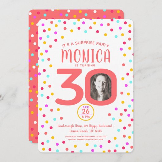 30e aangepaste foto levende koraal confetti verjaa kaart (Voorkant / Achterkant)