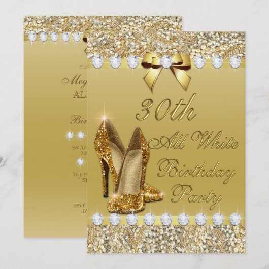 30e All White Birthday Gold Heels Sequin Diamonds Kaart (Voorkant / Achterkant)