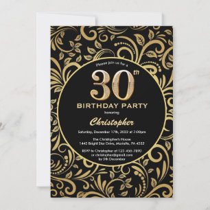 30e Birthday Black en Gold Floral Pattern Kaart