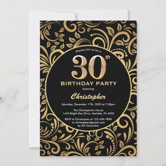 30e Birthday Black en Gold Floral Pattern Kaart (Voorkant)