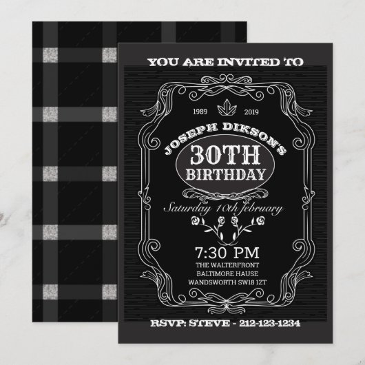 30e BIRTHDAY-INVITATIE, zwart & grijs Whisky-lab Kaart (Voorkant / Achterkant)
