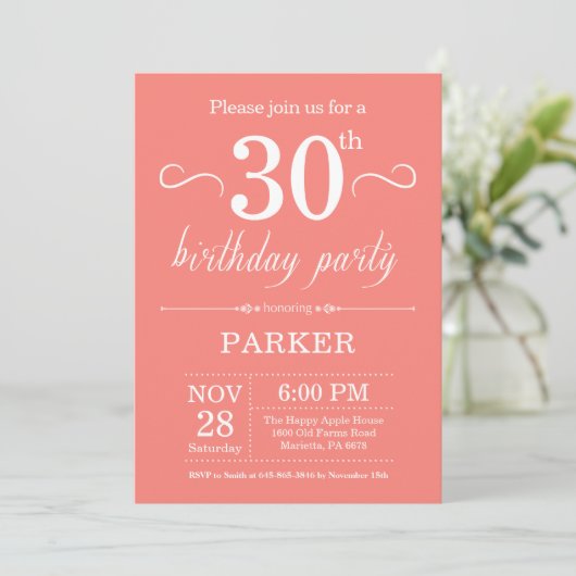 30e Birthday Invitation Coral Kaart (Staand voorkant)