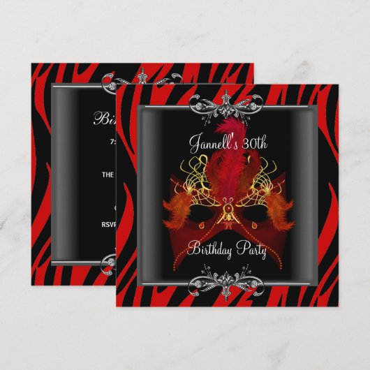 30e Birthday Party Red Zebra Black Mask Kaart (Voorkant / Achterkant)