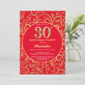 30e Birthday Red en Gold Floral Pattern Kaart (Staand voorkant)