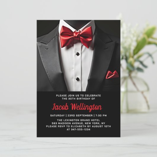 30e Black and Red Tuxedo verjaardagsfeest Kaart (Staand voorkant)