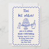 30e Blauwe Hand Getrokken Champagne Taart Verjaard Kaart (Voorkant)