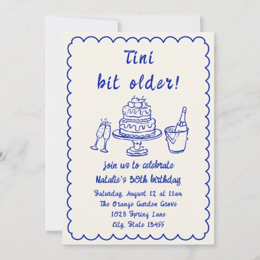 30e Blauwe Hand Getrokken Champagne Taart Verjaard Kaart (Voorkant)