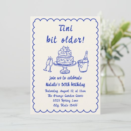 30e Blauwe Hand Getrokken Champagne Taart Verjaard Kaart (Staand voorkant)