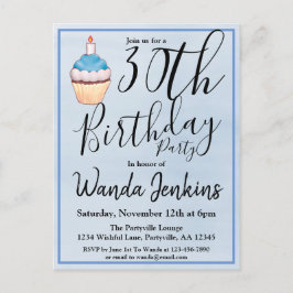 30e blauwe Waterverf Cupcake Birthday Uitnodiging Briefkaart