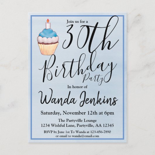 30e blauwe Waterverf Cupcake Birthday Uitnodiging Briefkaart (Voorkant)