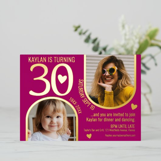 30e Bogen Verjaardag Roze Gouden Harten Landschap Folie Uitnodiging (Staand Voorkant)