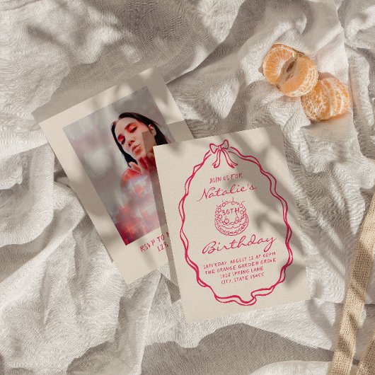 30e Bow Hand getrokken Roze Coquette Foto Verjaard Kaart