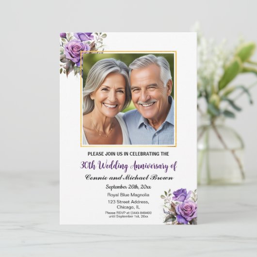 30e bruiloft Jubileum Goud Lijst Paarse Rozen Kaart (Staand voorkant)