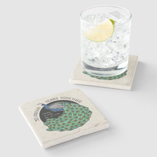 30e bruiloft Jubileum, Peacock Bird Hearts Stenen Onderzetter (Zijkant)