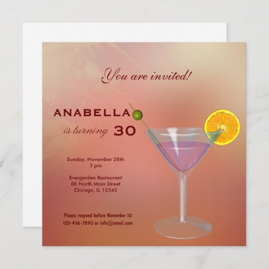 30e Cocktail Birthday Invitation Kaart (Voorkant / Achterkant)