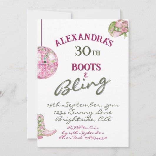 30e Cowgirl Disco Boots Bling Pink Green Kaart (Achterkant)