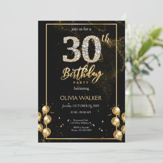 30e Diamant Zwart en Goud Verjaardag Kaart (Staand voorkant)
