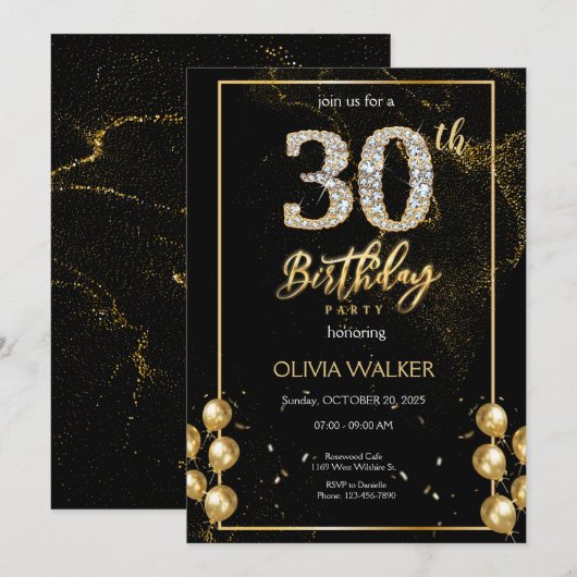 30e Diamant Zwart en Goud Verjaardag Kaart (Voorkant / Achterkant)