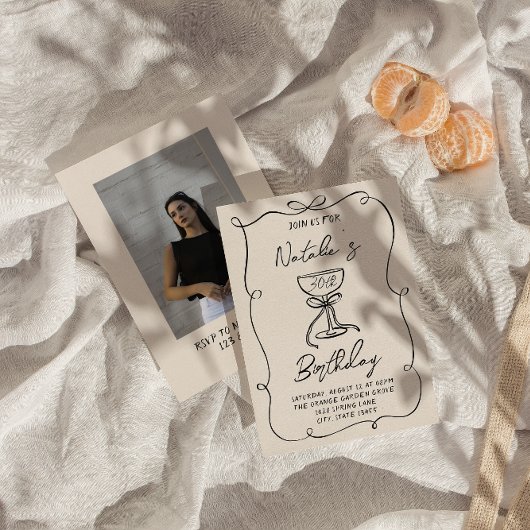 30e Doddle Black White Bow Martini Foto Verjaardag Kaart