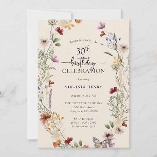30e Floral Birthday Invitation Kaart (Voorkant)