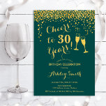 30e geboorte-kaas tot 30 jaar - Emerald Green Kaart<br><div class="desc">30e uitnodiging van de verjaardag. Lekker tot 30 jaar! Elegant ontwerp in smaragdgroen en goud. Met champagnebril,  scriptlettertype en confetti. Ideaal voor een stijlvolle dertigste verjaardagsfeestje. Pas je eigen gegevens aan. Kan op elke leeftijd aan show worden aangepast.</div>