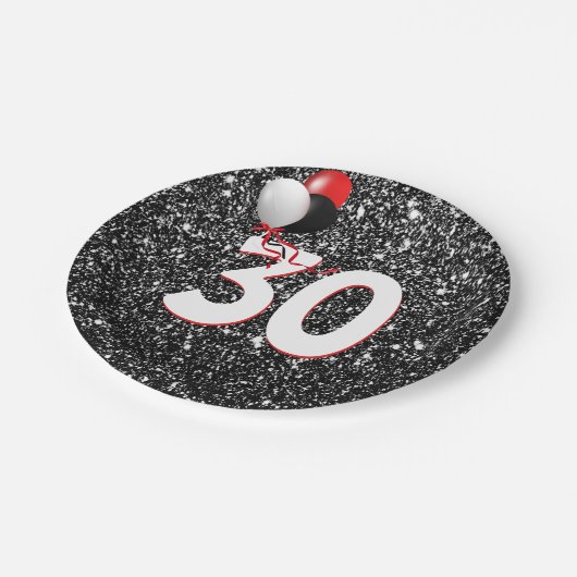 30e geboortedag ballonnen op zwarte glitter papieren bordje (Gekanteld)