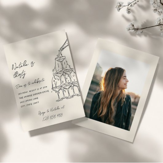 30e geïllustreerde champagnetoren foto verjaardag kaart