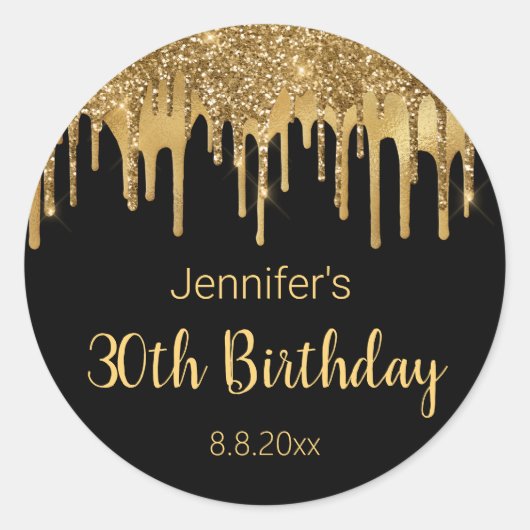30e Gelukkige Verjaardag Zwart Goud Druppelen Glit Ronde Sticker (Voorkant)