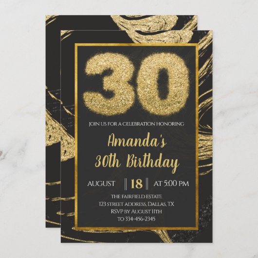 30e Golden Black Marble Birthday Invitation Kaart (Voorkant / Achterkant)