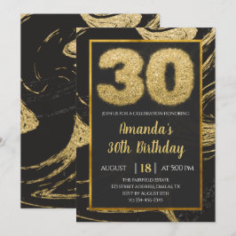 30e Golden Black Marble Birthday Invitation Kaart