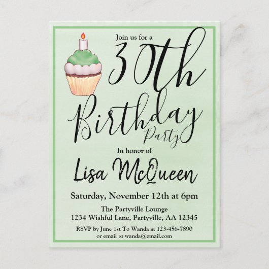 30e groene Waterverf Cupcake Birthday Uitnodiging Briefkaart (Voorkant)