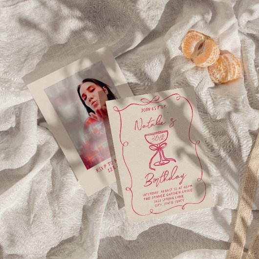 30e Hand getekend Roze Bow Martini Foto Verjaardag Kaart