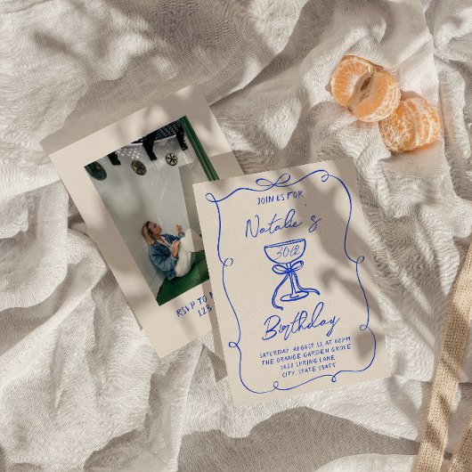 30e Hand Getrokken Blauwe Boog Martini Foto Verjaa Kaart