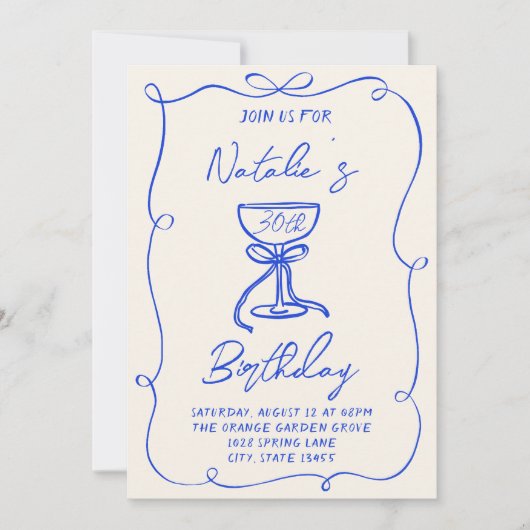 30e Hand Getrokken Blauwe Boog Martini Foto Verjaa Kaart (Voorkant)