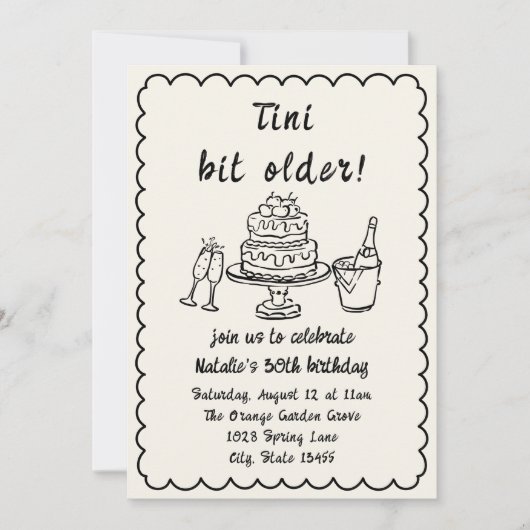 30e Hand getrokken Champagne Cake Fun Verjaardagsf Kaart (Voorkant)