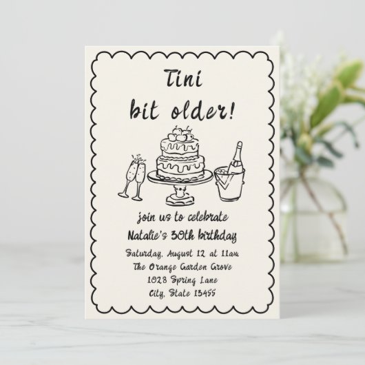 30e Hand getrokken Champagne Cake Fun Verjaardagsf Kaart (Staand voorkant)