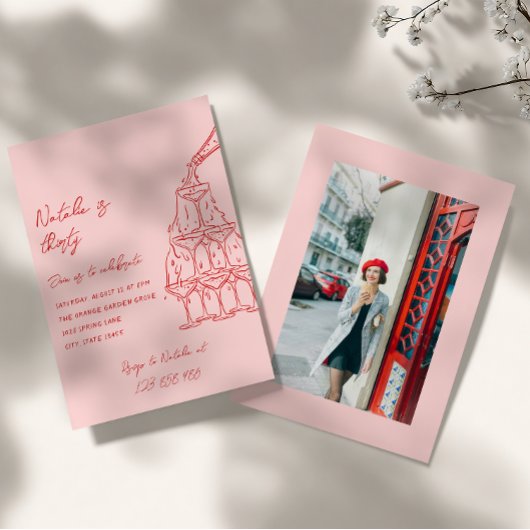 30e Hand Getrokken Champagne Toren Foto Verjaardag Kaart