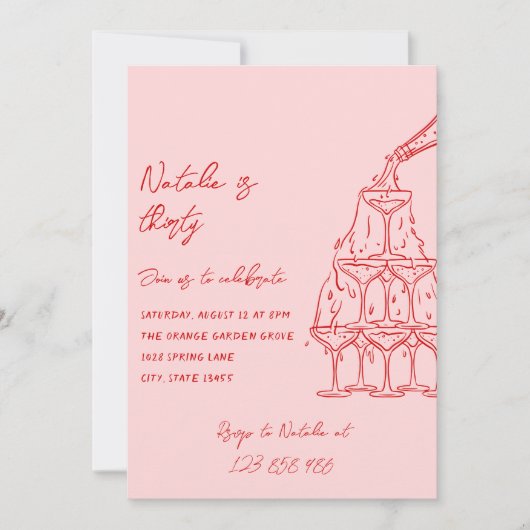 30e Hand Getrokken Champagne Toren Foto Verjaardag Kaart (Voorkant)