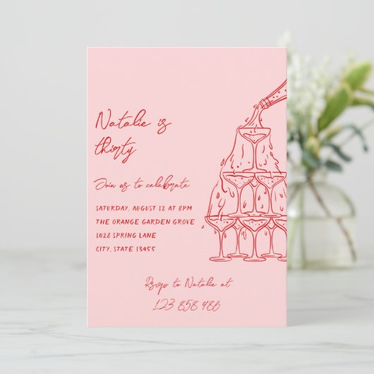 30e Hand Getrokken Champagne Toren Foto Verjaardag Kaart (Staand voorkant)