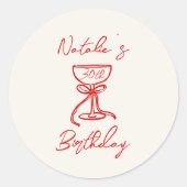 30e Hand Getrokken Roze Bow Champagne Glas Verjaar Ronde Sticker (Voorkant)