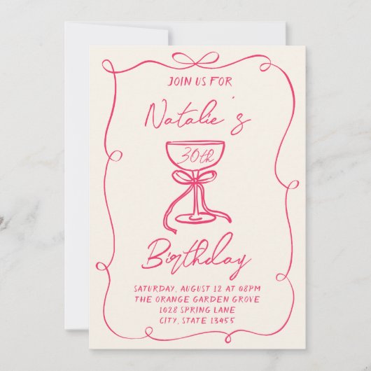 30e Hand Getrokken Roze Bow Martini Doddle Verjaar Kaart (Voorkant)