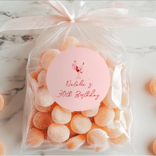 30e Hand Getrokken Roze Cocktail Meisje Verjaardag Ronde Sticker