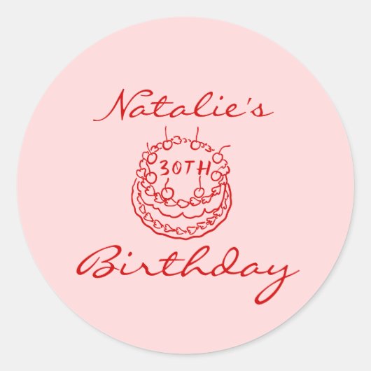 30e Hand Getrokken Roze Taart Glas Verjaardagsfees Ronde Sticker (Voorkant)