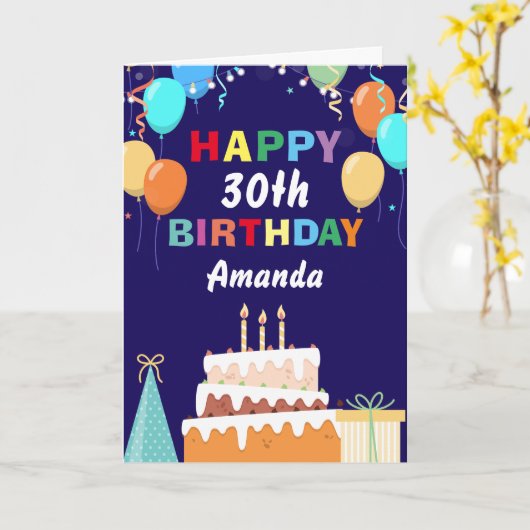30e Happy Birthday Balloons Cake Navy Blue Kaart (Gele Bloem)