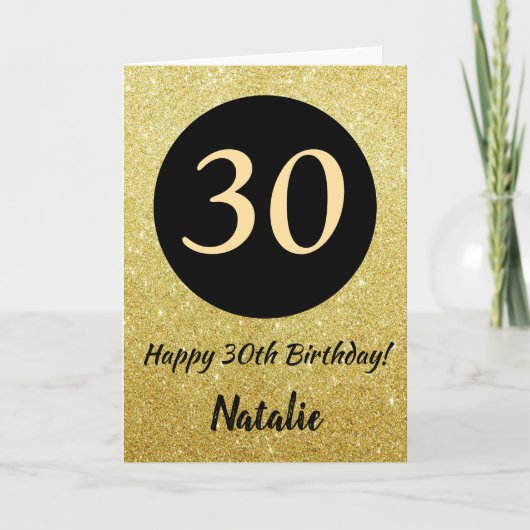 30e Happy Birthday Black en Gold Glitter Card Kaart (Voorkant)