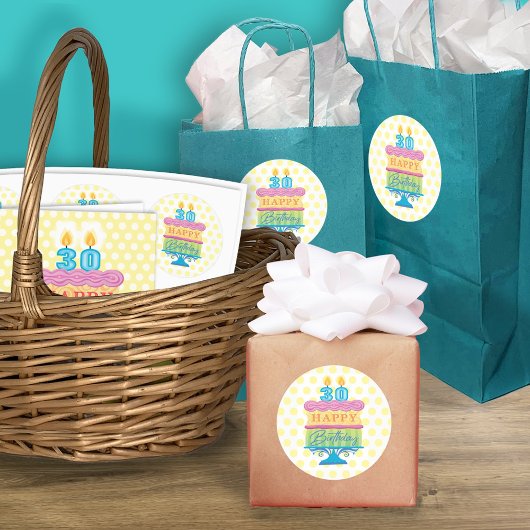 30e Happy Birthday Cake Yellow Stippen Ronde Sticker