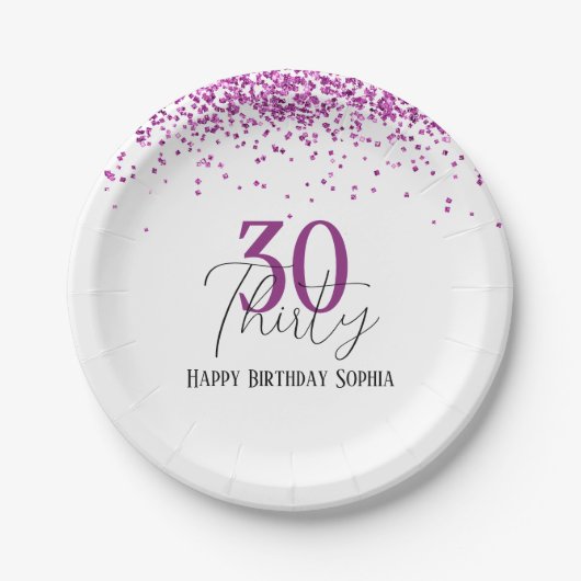 30e Happy Birthday Donker Roze Glitter Girly Party Papieren Bordje (Voorkant)