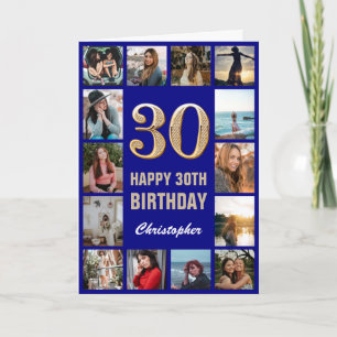 30e Happy Birthday Navy Blue & Gold Photo Collage Kaart