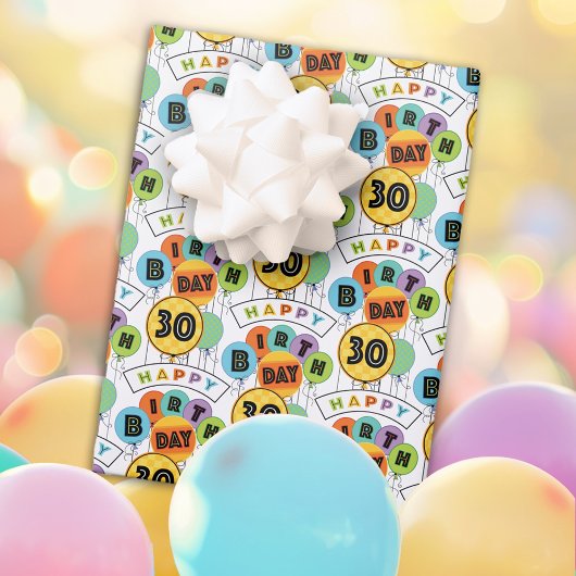 30e Happy Birthday Typografie-ballonnen Inpakpapier Vel