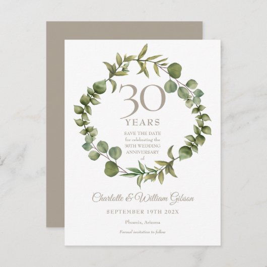 30e huwelijksverjaardag Save the Date gebladerte Aankondigingskaart (Voorkant / Achterkant)